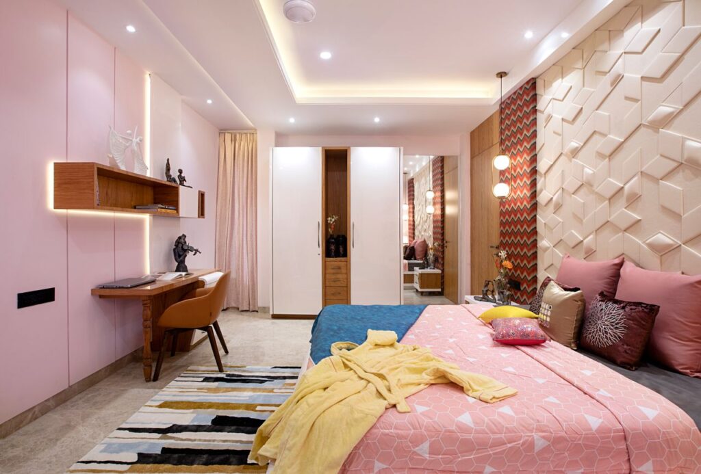 Contemporary bedroom interior featuring modern decor, stylish lighting, and a comfortable ambiance.