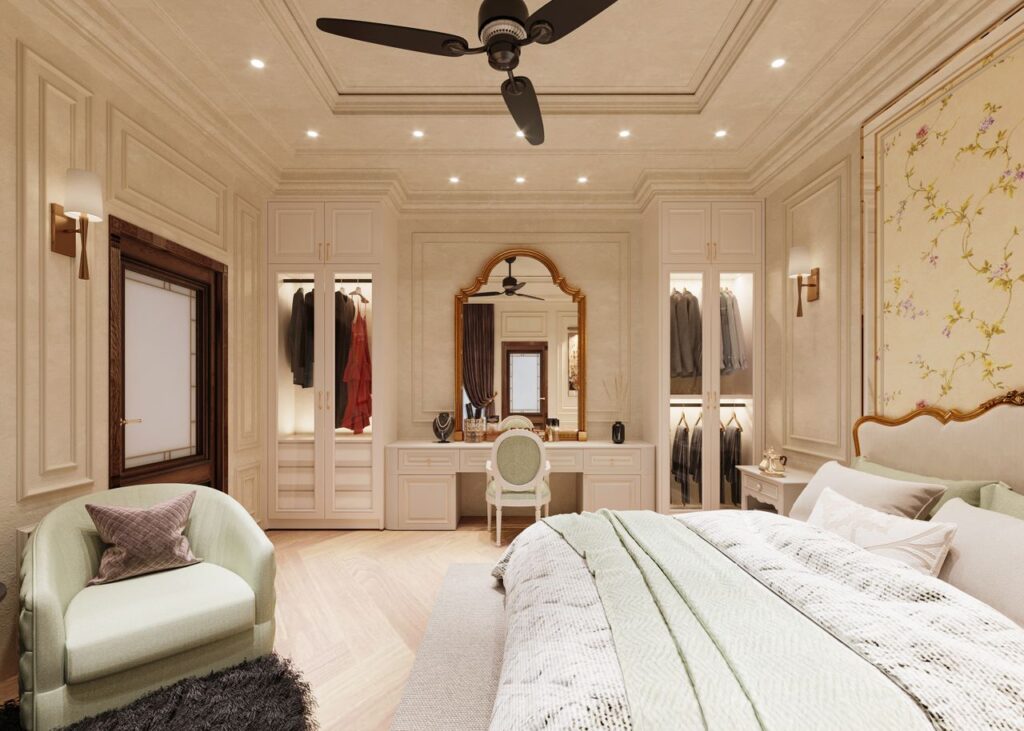 Luxurious bedroom with elegant decor, featuring a king-sized bed, modern furnishings, and soft lighting.