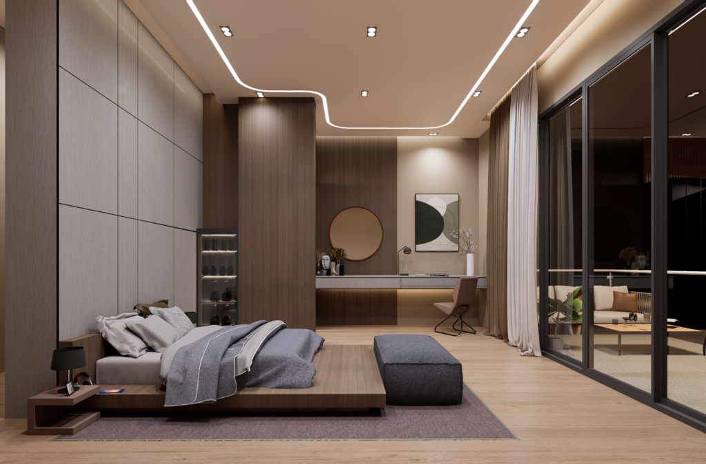 Stylish modern bedroom with minimalist design and elegant wooden accents. Perfect for luxury interiors.
